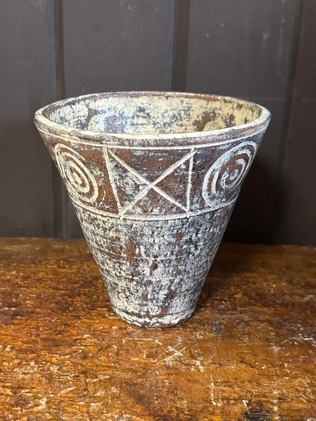 Small Brown And White Pot With Shapes 1