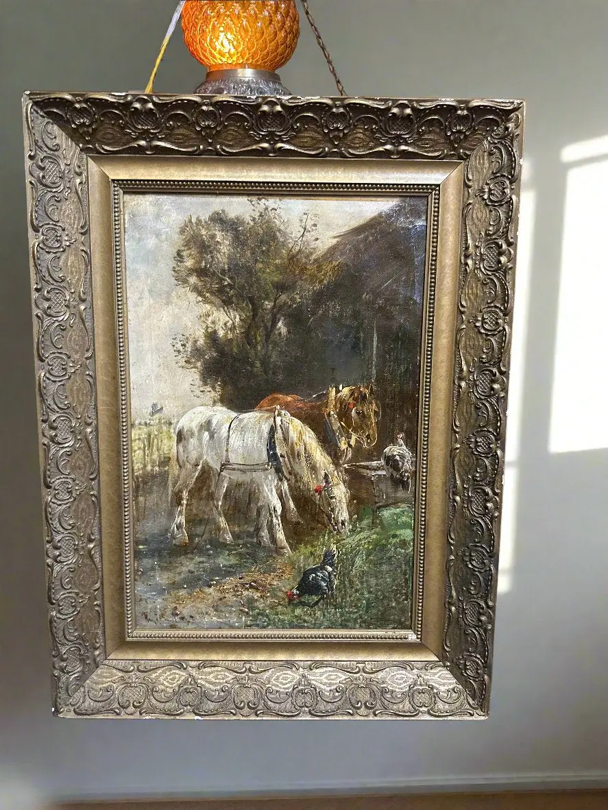 Framed Vertical Oil Painting Of Horses Signed Henry Schouten 1