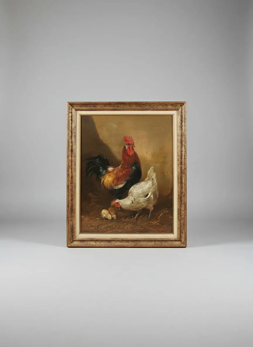Large Oil On Canvas Painting Of Two Chicks & Rooster By P.H. Schouten 1