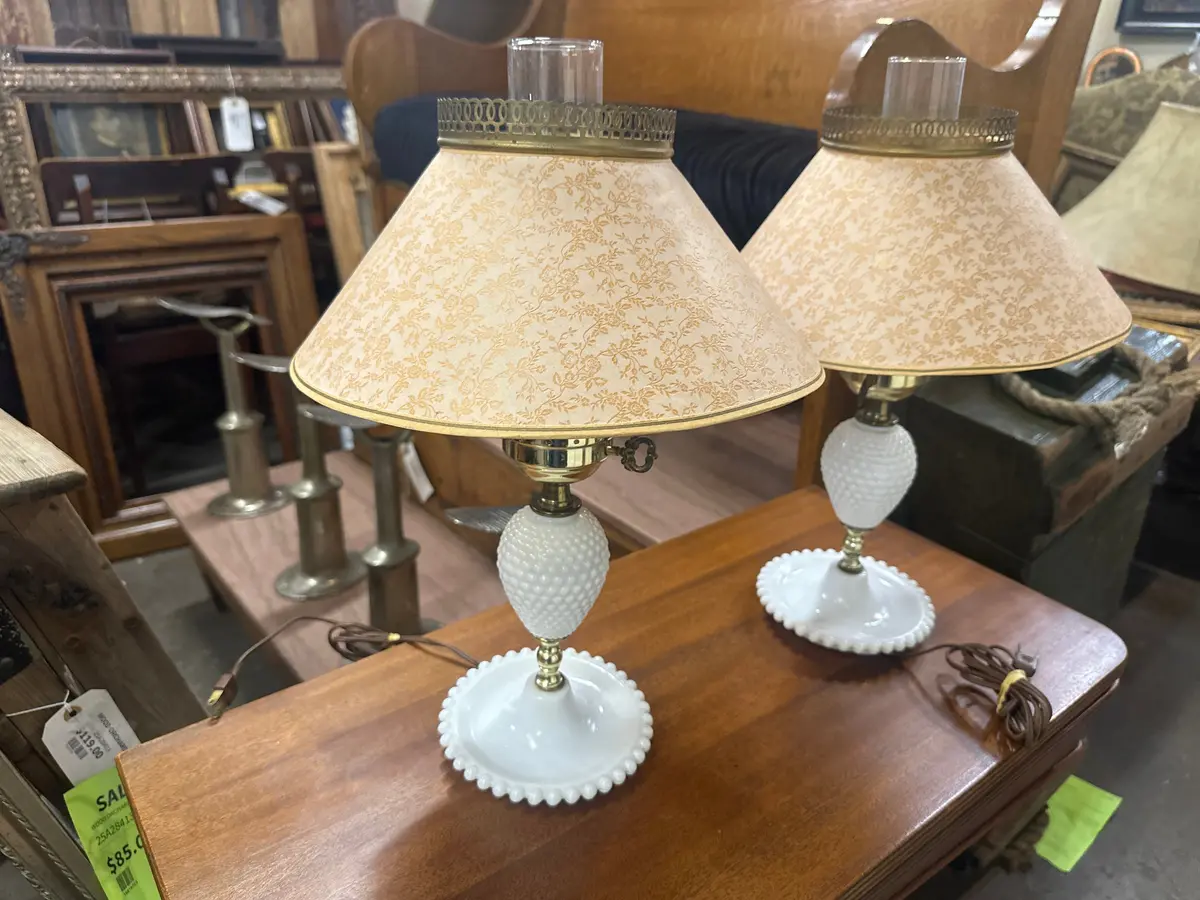 Pair Of Milk Glass Hobnail Lamps 1