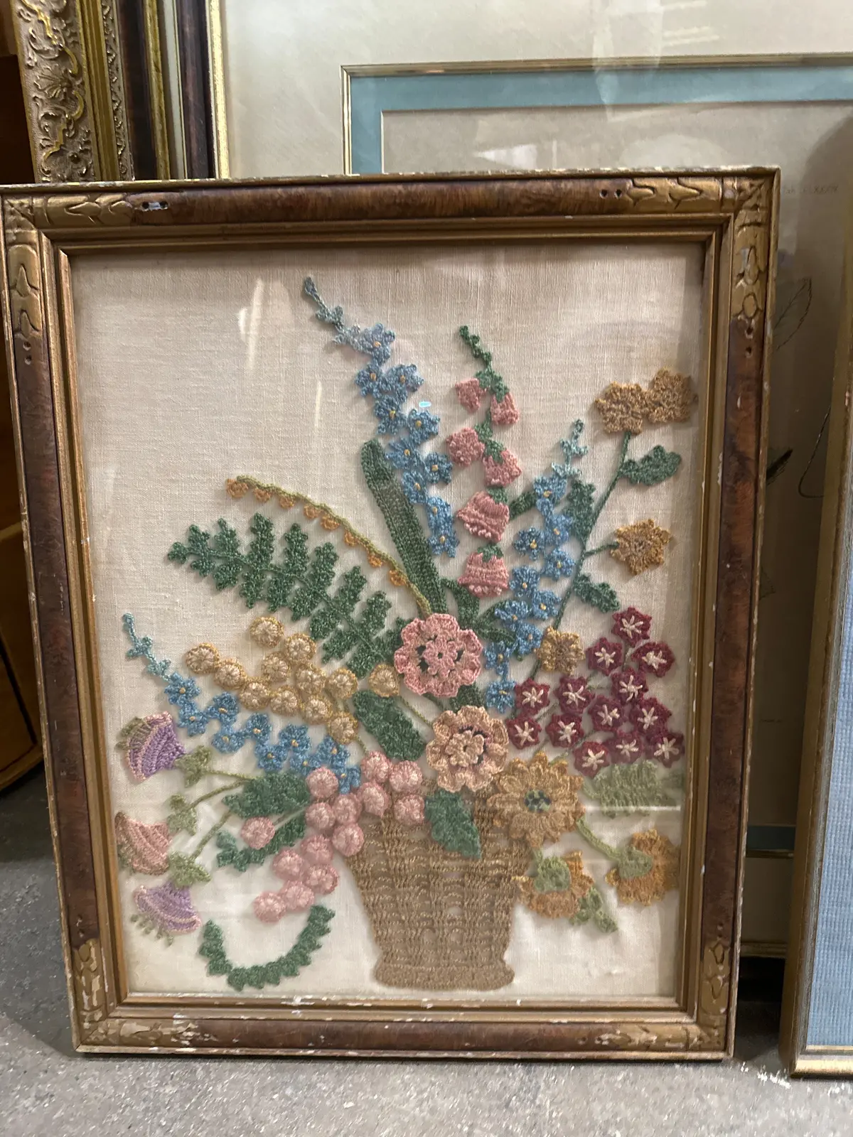 Framed Embroidered Flowers In Basket 1