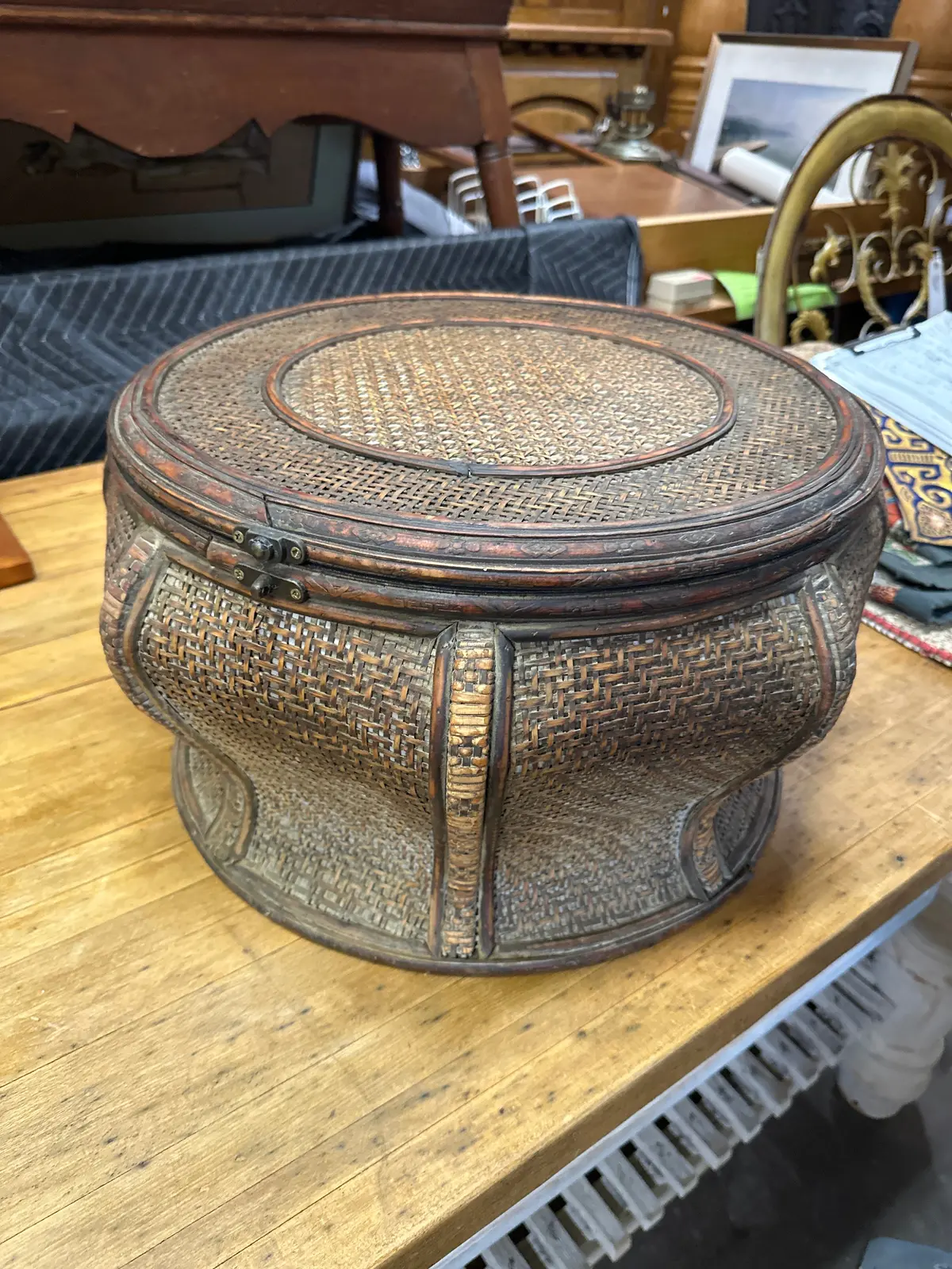 Asian Round Wicker Lidded Box 1