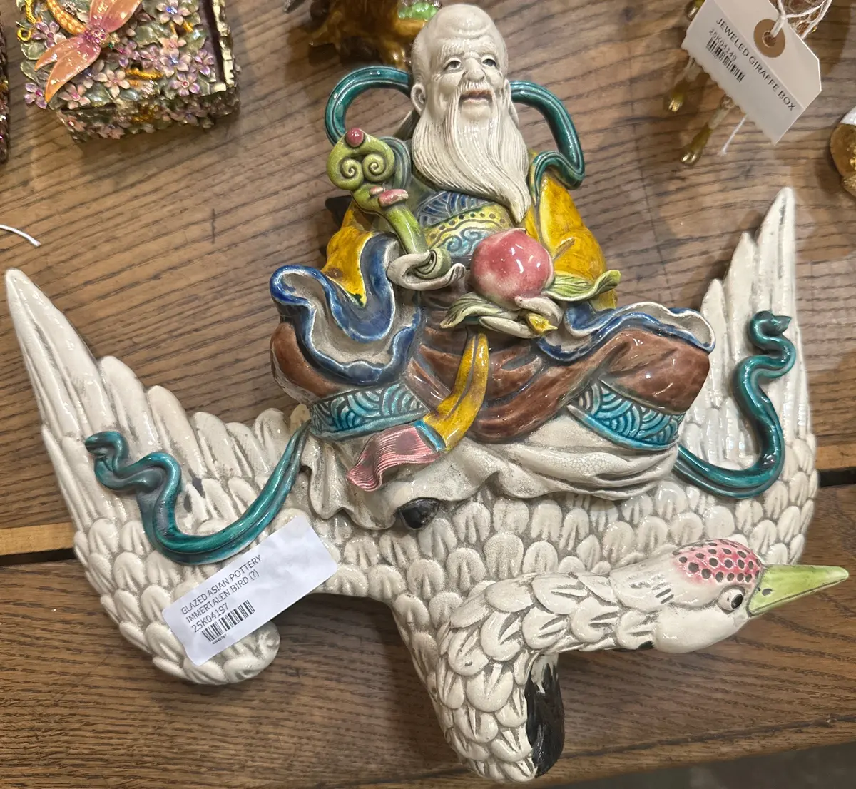 Glazed Terra Cotta Asian Pottery Deity On Egret 1