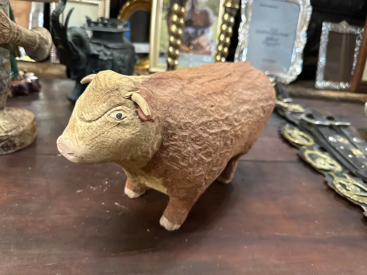 Carved Wood Cow Signed 1