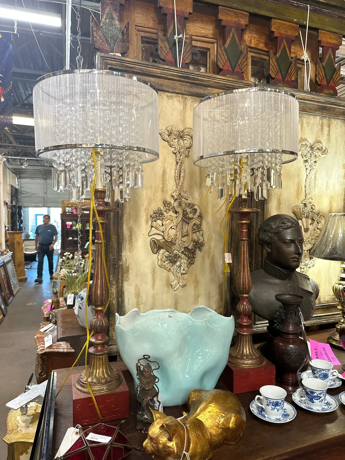 Pair Of Red And Gold Tall Reeded Lamps 1