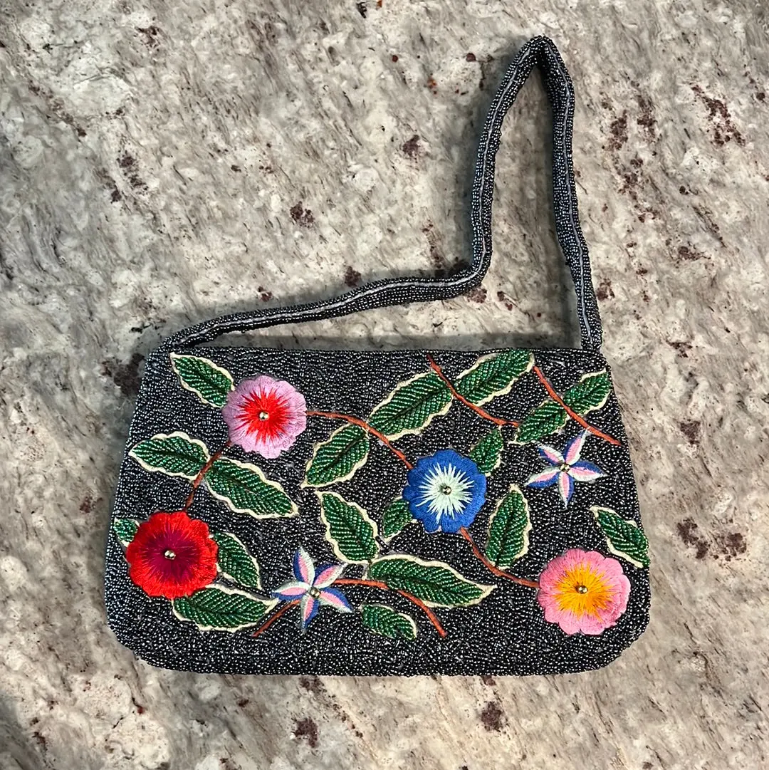Slate Gray Beaded Purse With Embroidered Flowers 1
