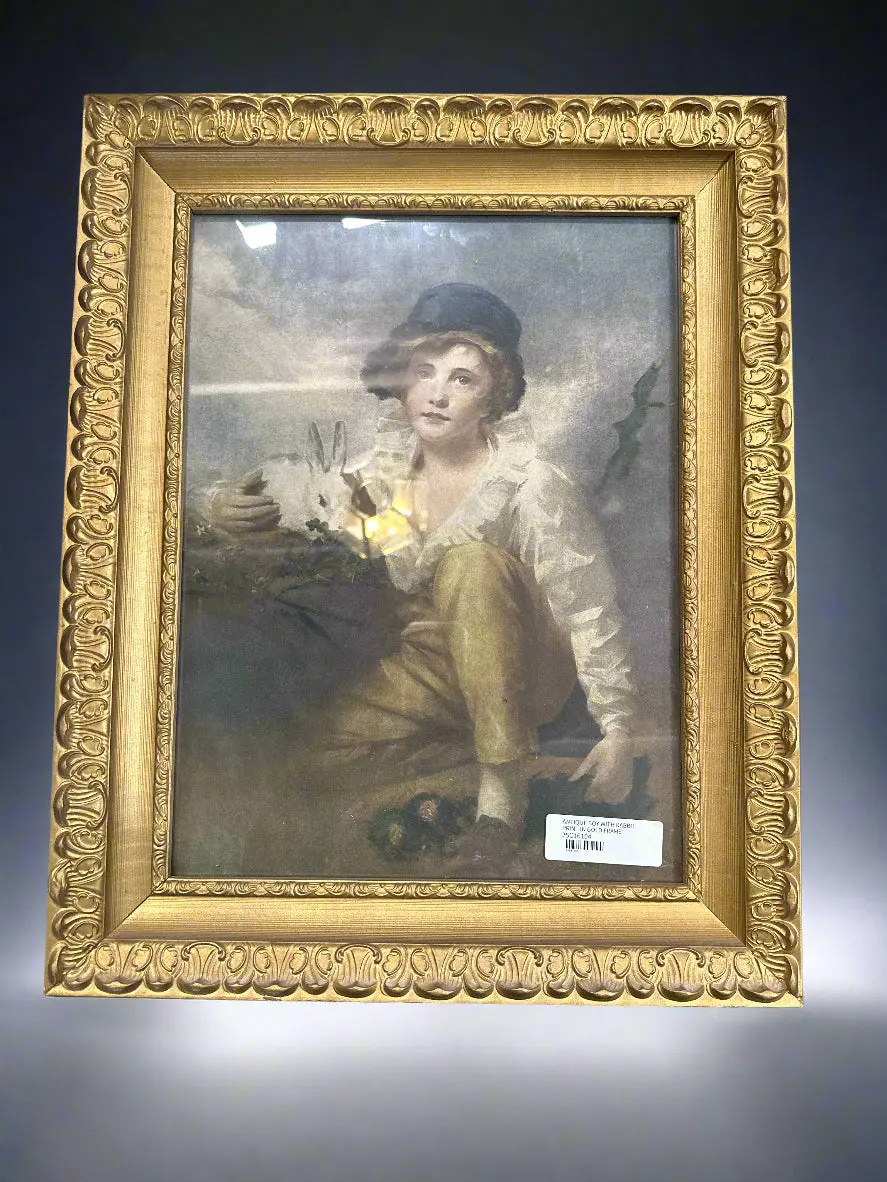 Antique Boy With Rabbit Print In Gold Frame 1