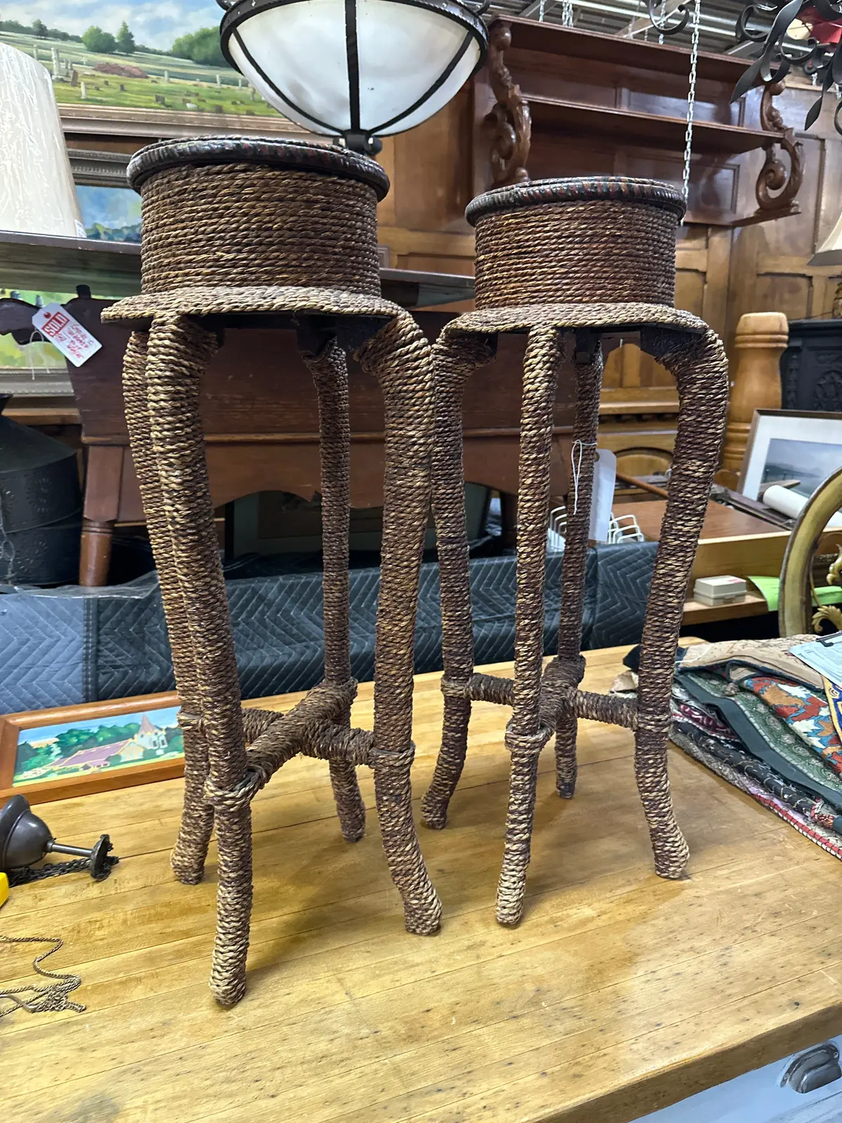 Pair Of Vintage Wicker Plant Stands 1