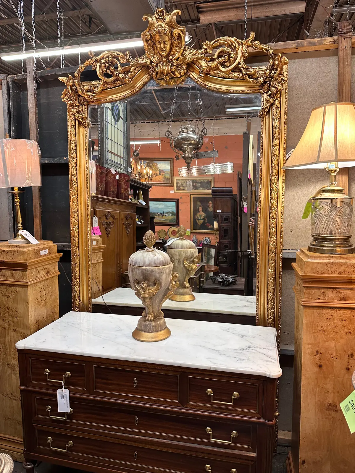 Very Large Mask Crowned Gilt Beveled Mirror 1