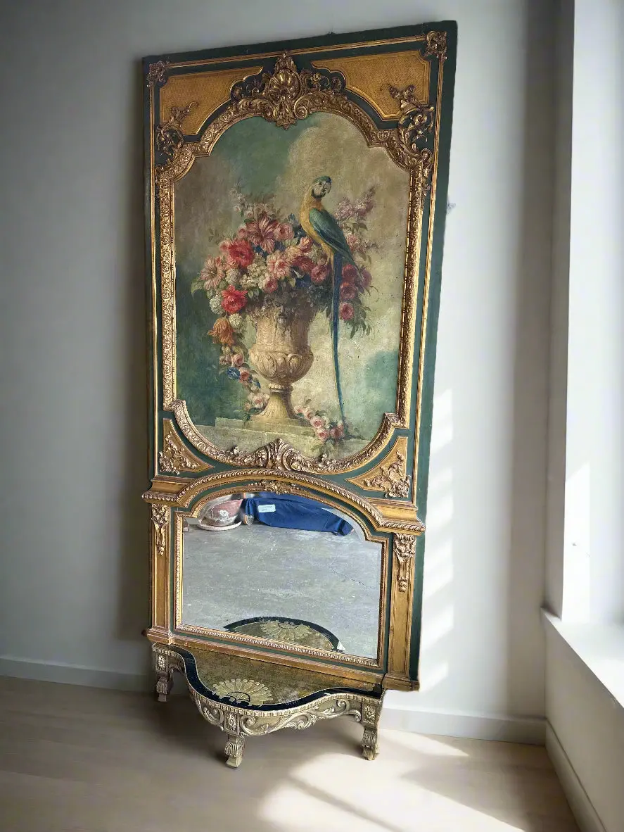 Large Floral And Bird Trumeau Mirror With Black Glass And Gilt Base  Mid 20Th Century 1