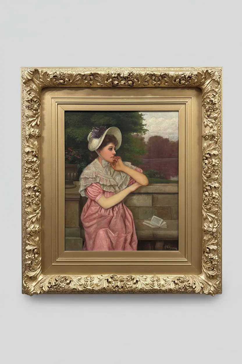 Ornate Gilt Framed Oil Painting On Canvas Of Woman In Pink Dress - Signed Herman Hyneman 1