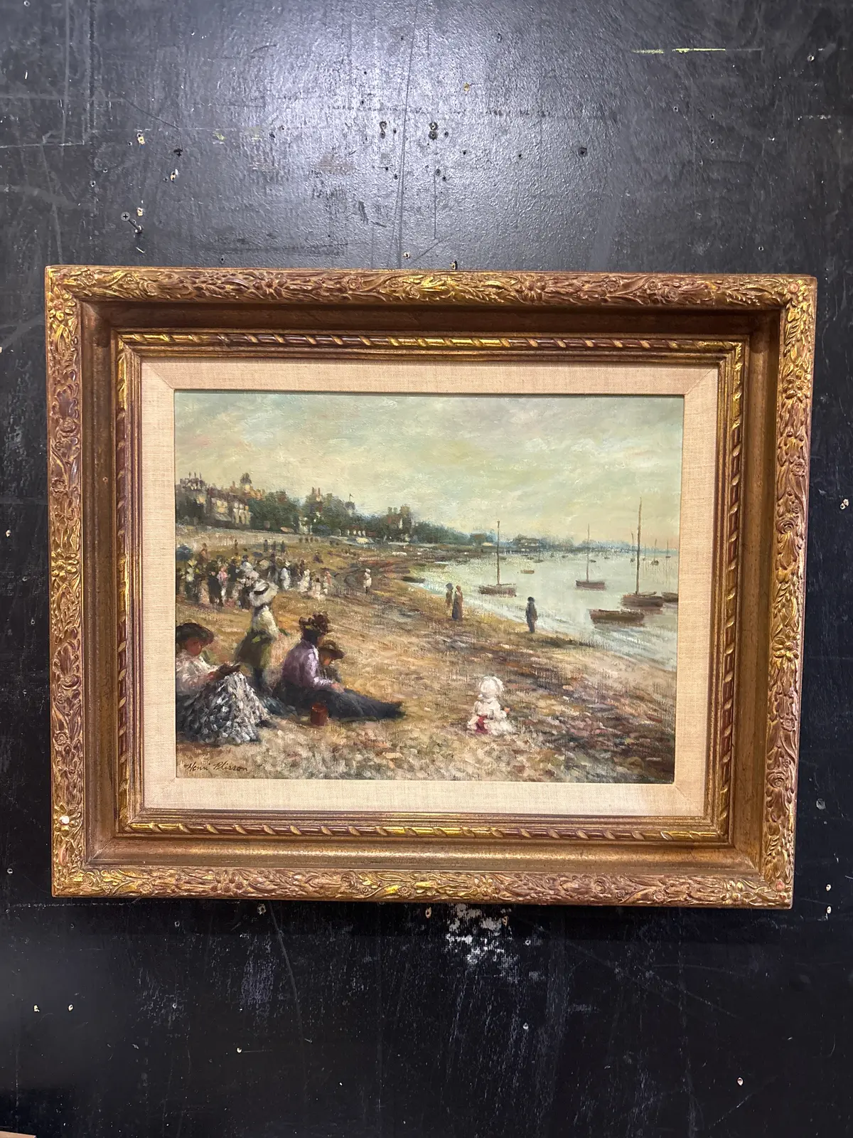 Dark Gold Framed Impressionist Oil Painting Of Beach Scene - Signed Henri Plisson 1