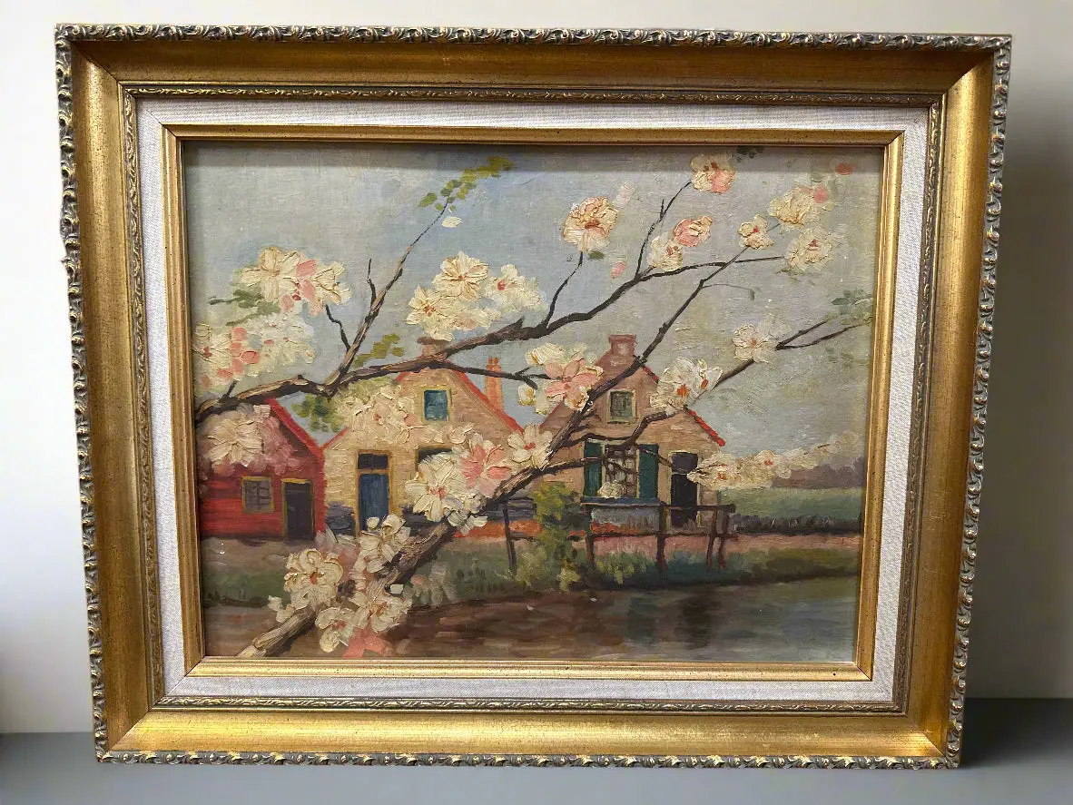 Framed Oil Painting Of A House With Cherry Blossom 1