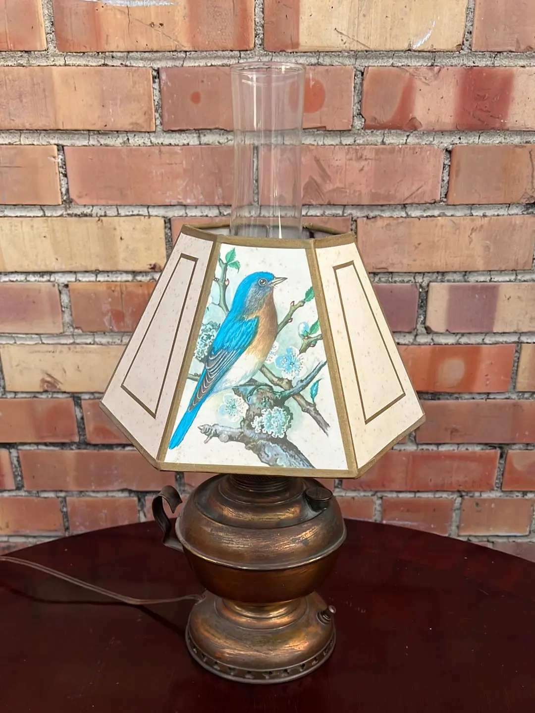 Electrified Oil Lamp With Blue Bird Shade 1
