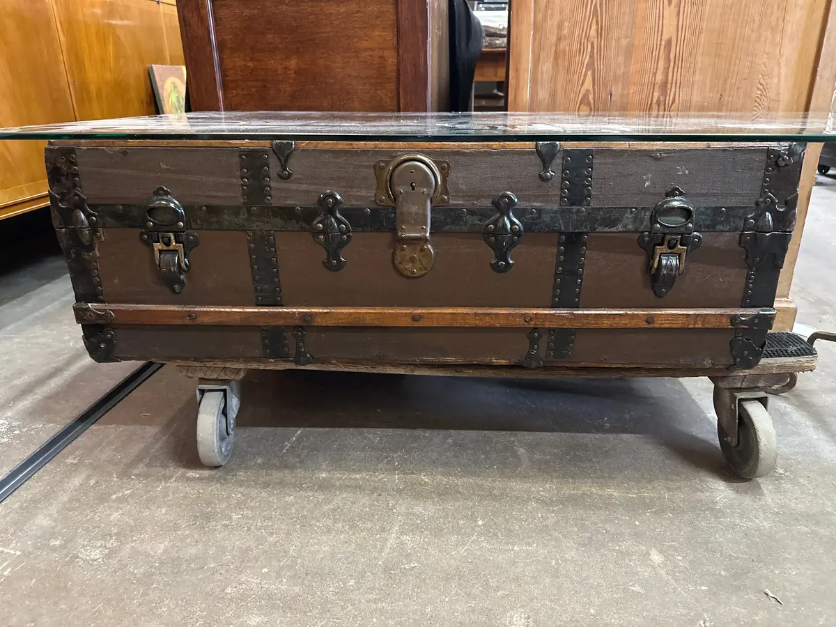 Dark Wood Slat Steamer Trunk 1