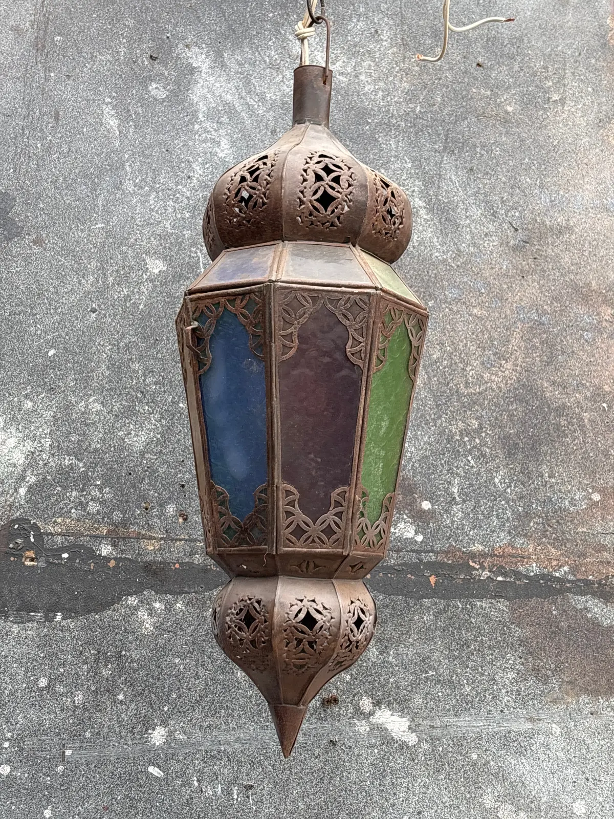 Skinny Lantern With Green, Gold And Blue Glass 1