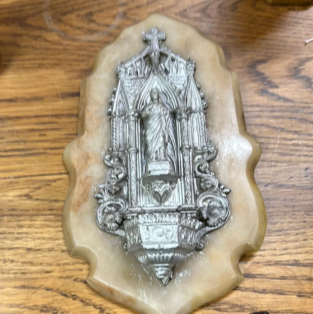 Ornate Alabaster And Silver Tone Holy Water Font 1