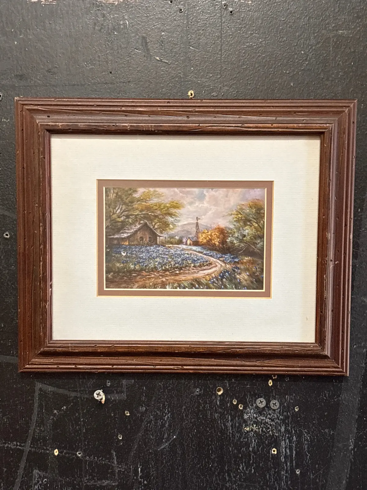 Brown Framed Watercolor Of House With Blue Bonnets And White Matte 1