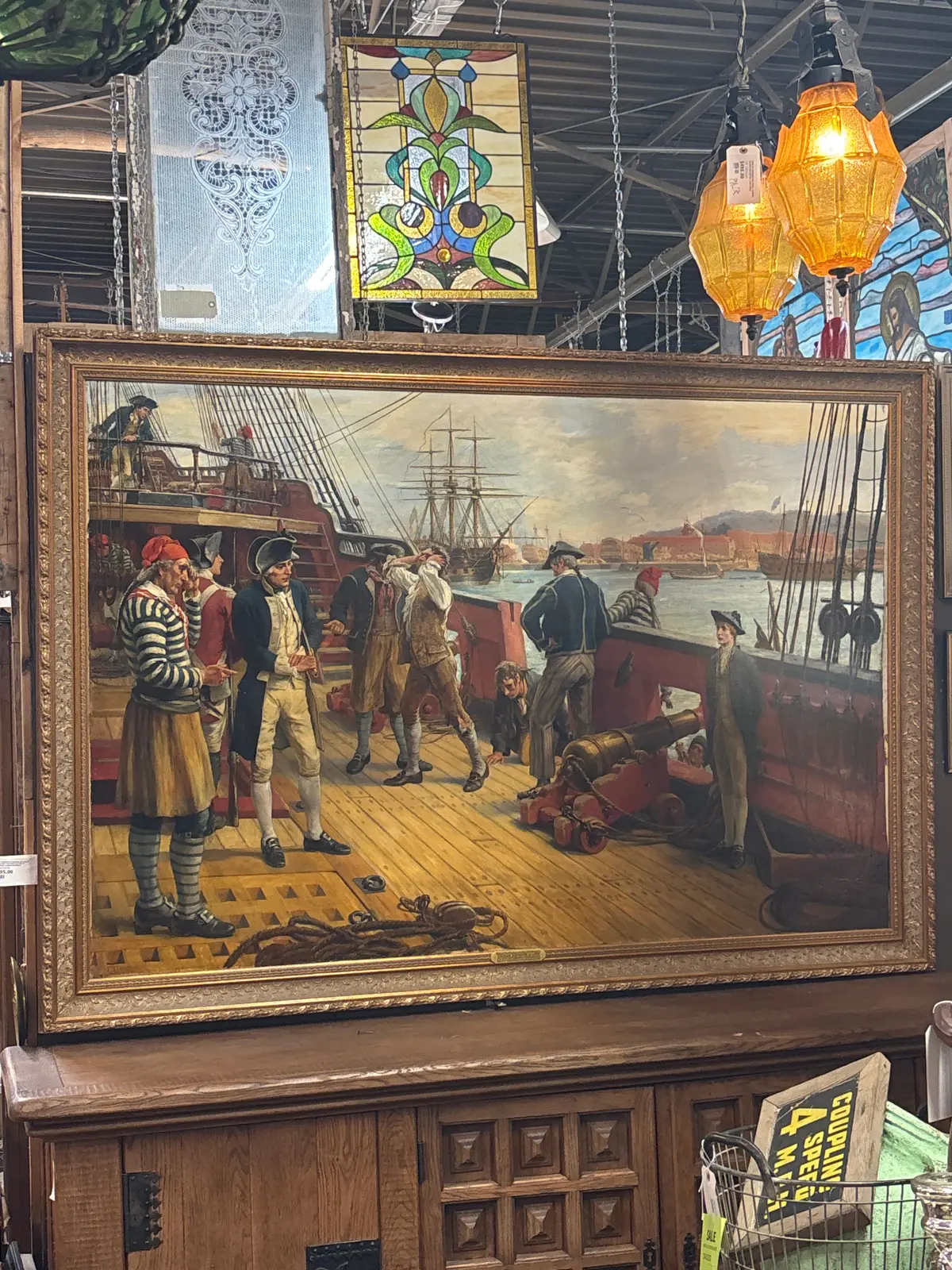 Large Gilt Framed Oil Painting  Of A Navy Ship Scene With The First Footing Of Nelson Signed Thomas Davidson 1