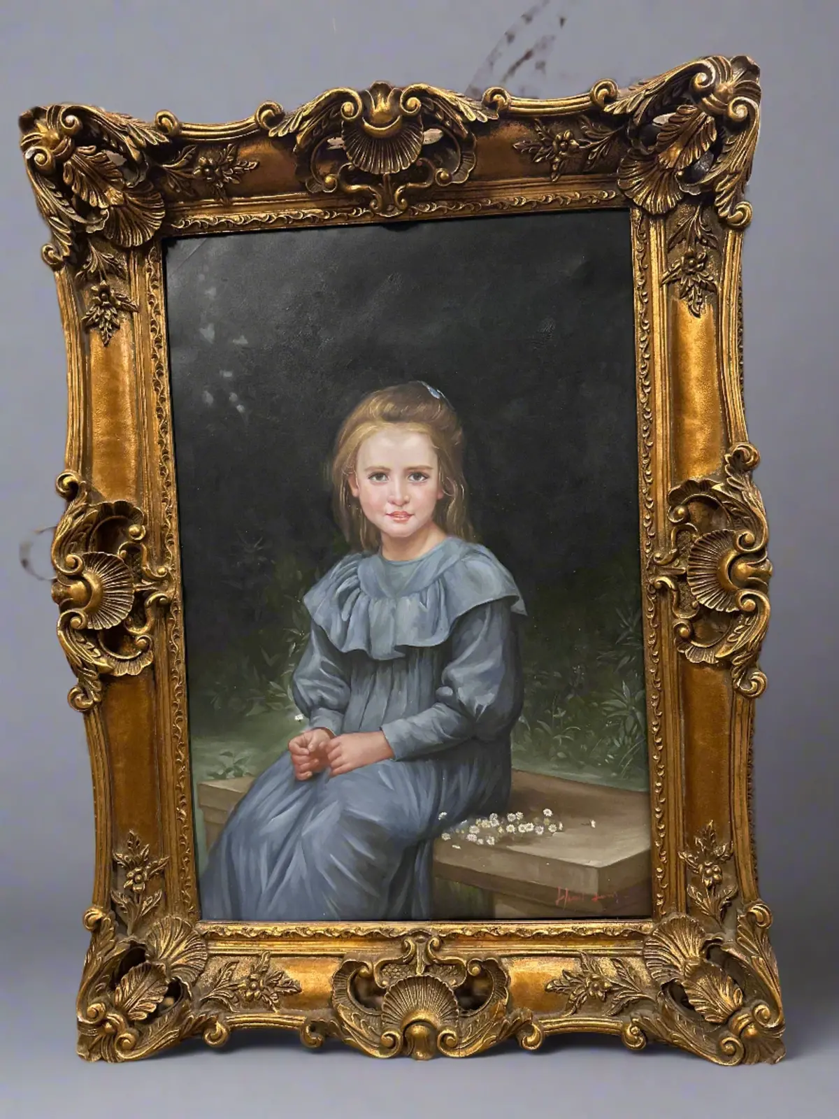 Large Oil Painting Of A Young Woman In Blue Dress In Gold Ornate Frame 1