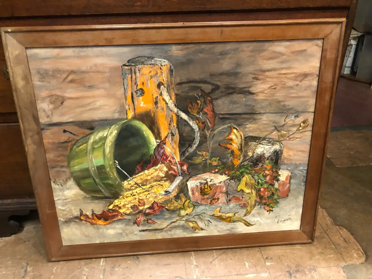Large Framed Still Life Painting With Basket Signed H. Organouis 1