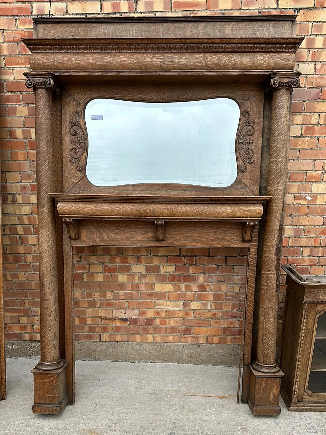 Quarter Sawn Oak Fire Place Mantle With Shaped Beveled Glass Mirror As Found 1