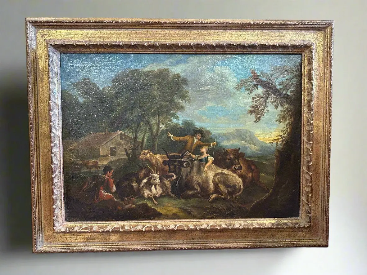 Framed 18Th Century Oil Painting Of Farm And Animals 1
