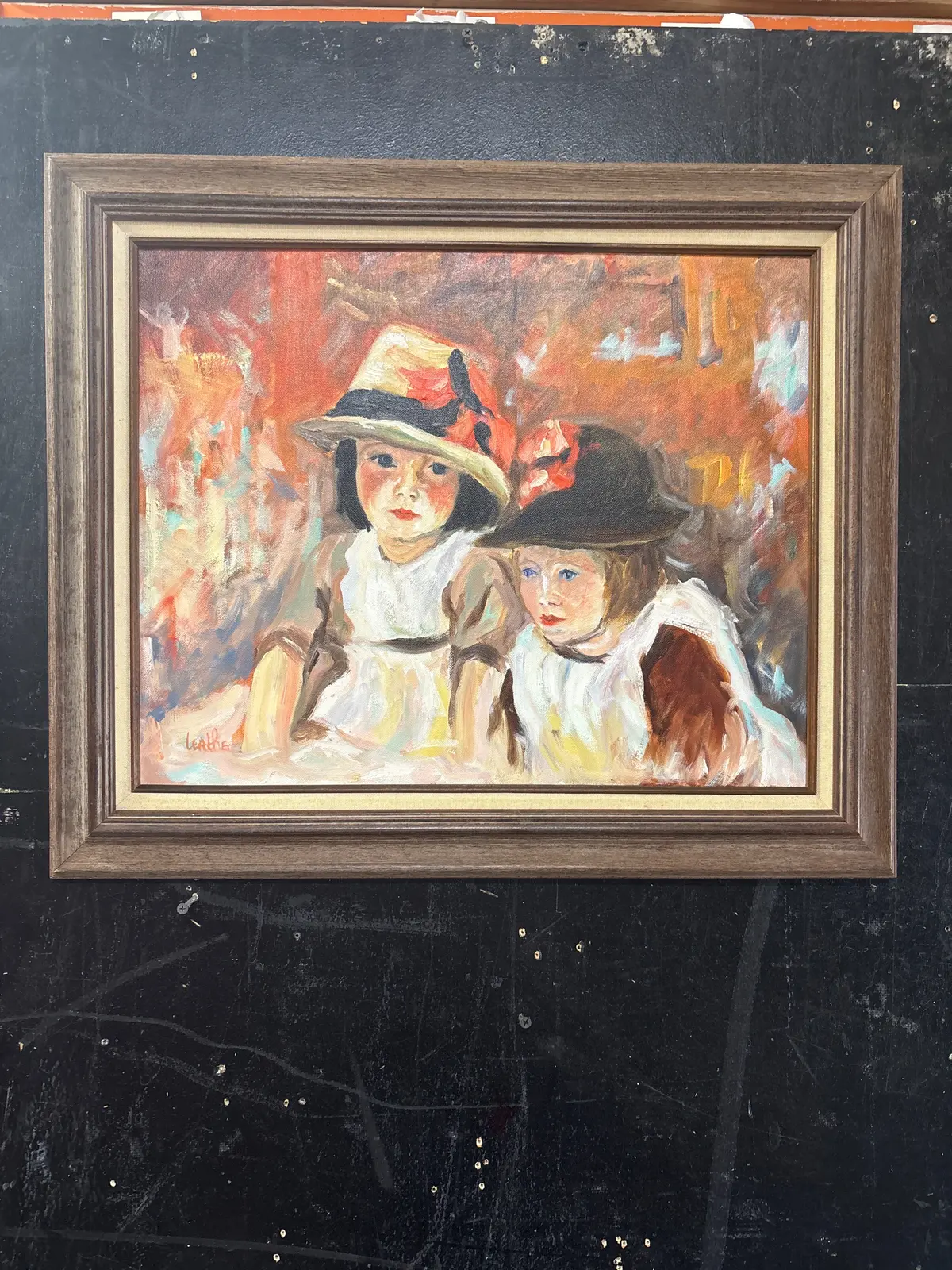Brown Framed Impressionist Painting Of 2 Girls With Linen Filet - Signed Leathe 1