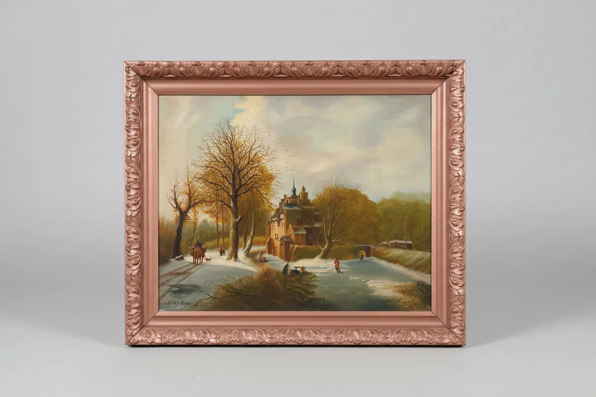 Pink Framed Snow Day Oil Painting - Signed Jul. Van Der Siypen 1