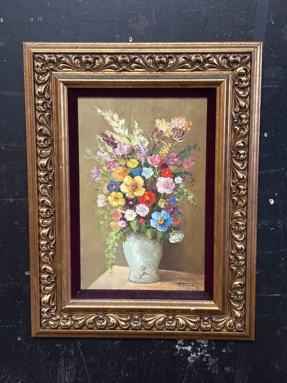 Ornate Gilt Framed Floral Still Life Oil Painting On Panel With Purple Filet - Signed 1