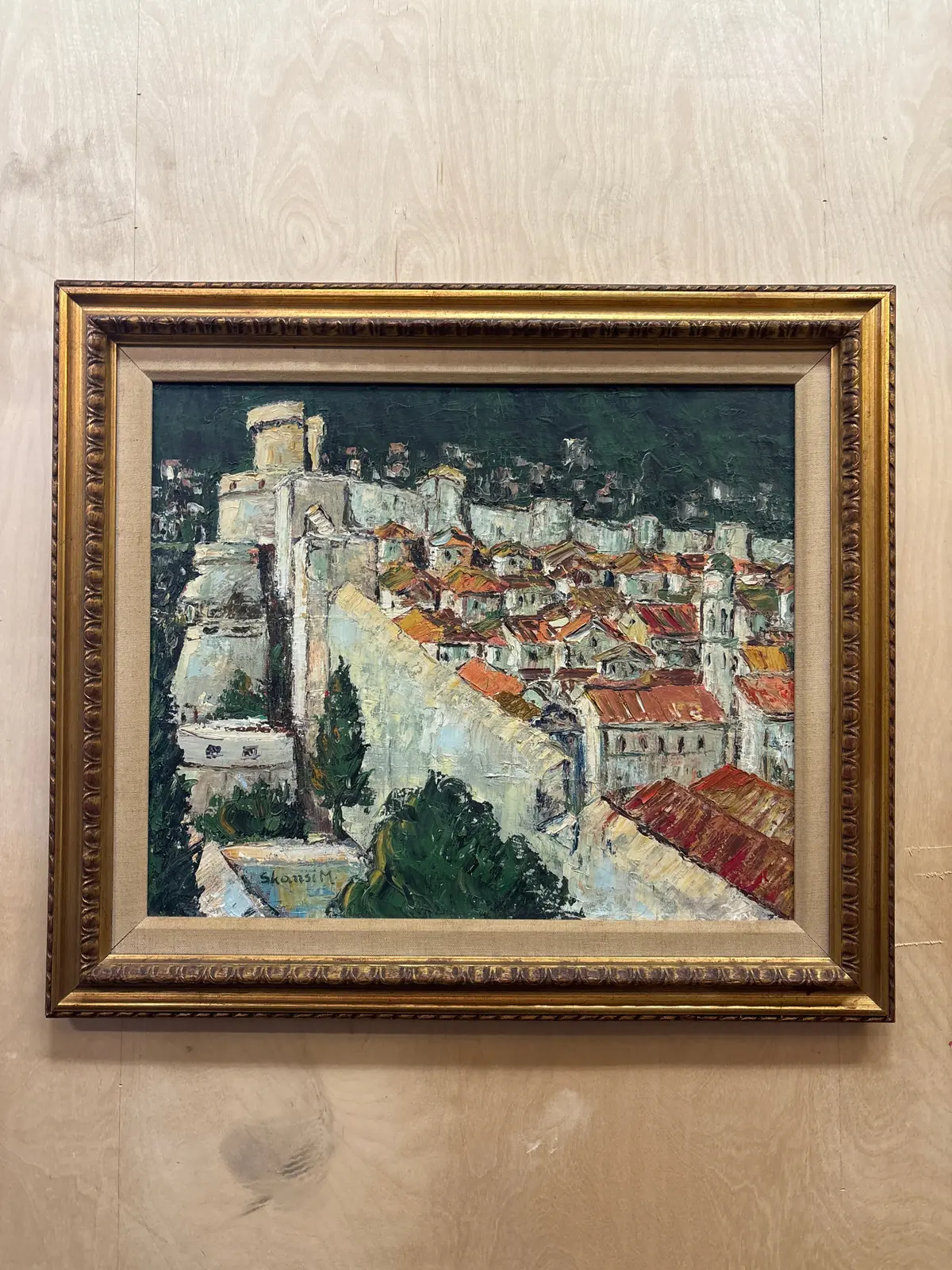 Gold Framed Spanish Impressionist Oil Painting With Linen Filet - Signed Skazzsim 1