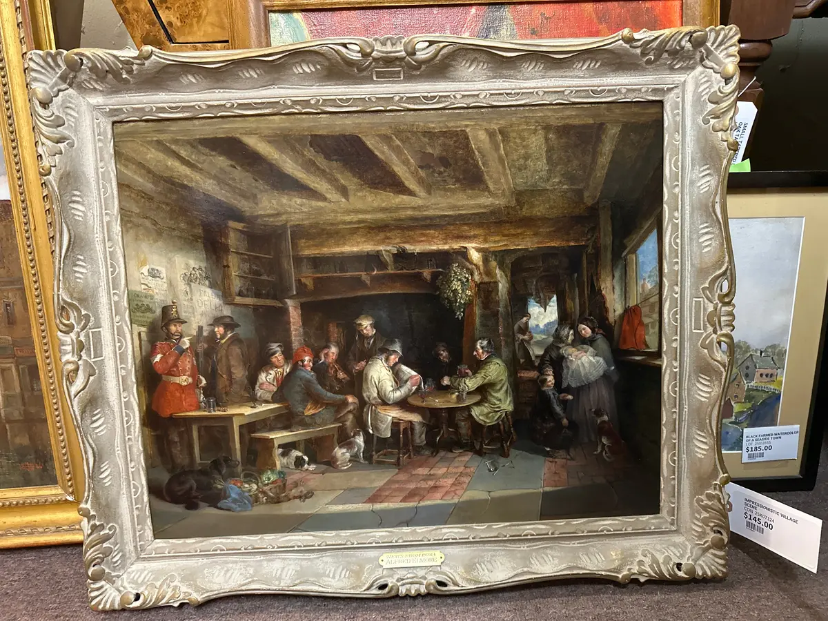 Framed Oil Painting Of A Tavern Scene "News From India" - Signed Alfred Elmore 1858 1