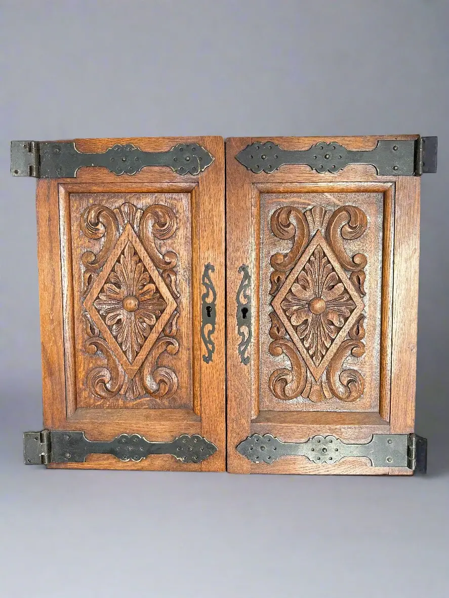 Pair Of Small Carved Oak Doors With Iron Strap Hinges 1