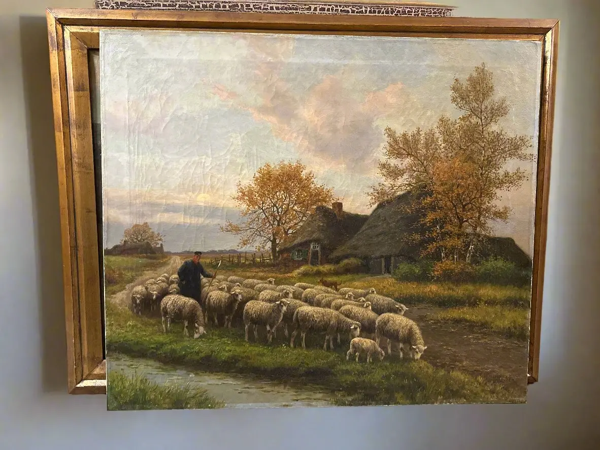 Framed Oil Painting Of A Shepard With Flock Signed H, Hueben 1