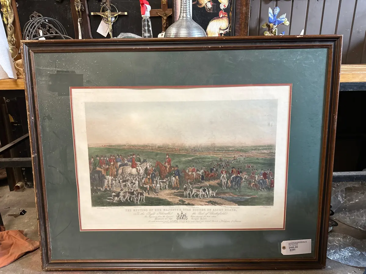 Large Framed Hunt Scene Engraving "The Meeting Of Her Majesty's Stag Hounds On Ascot Heathe" Signed 1