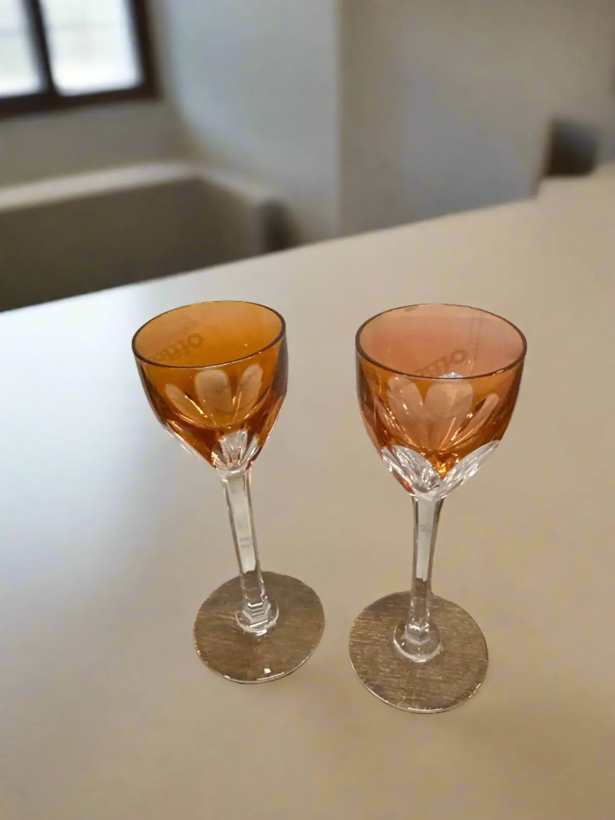 Pair Of Orange Cut To Clear Crystal Stemmed Cordials 1