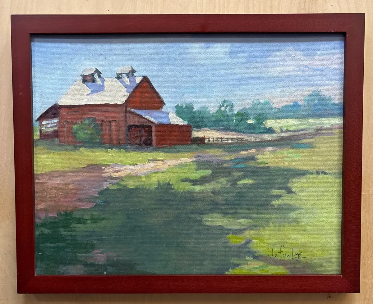 Red Framed Oil Painting Of Barn On Panel Signed Jo Fowler 1