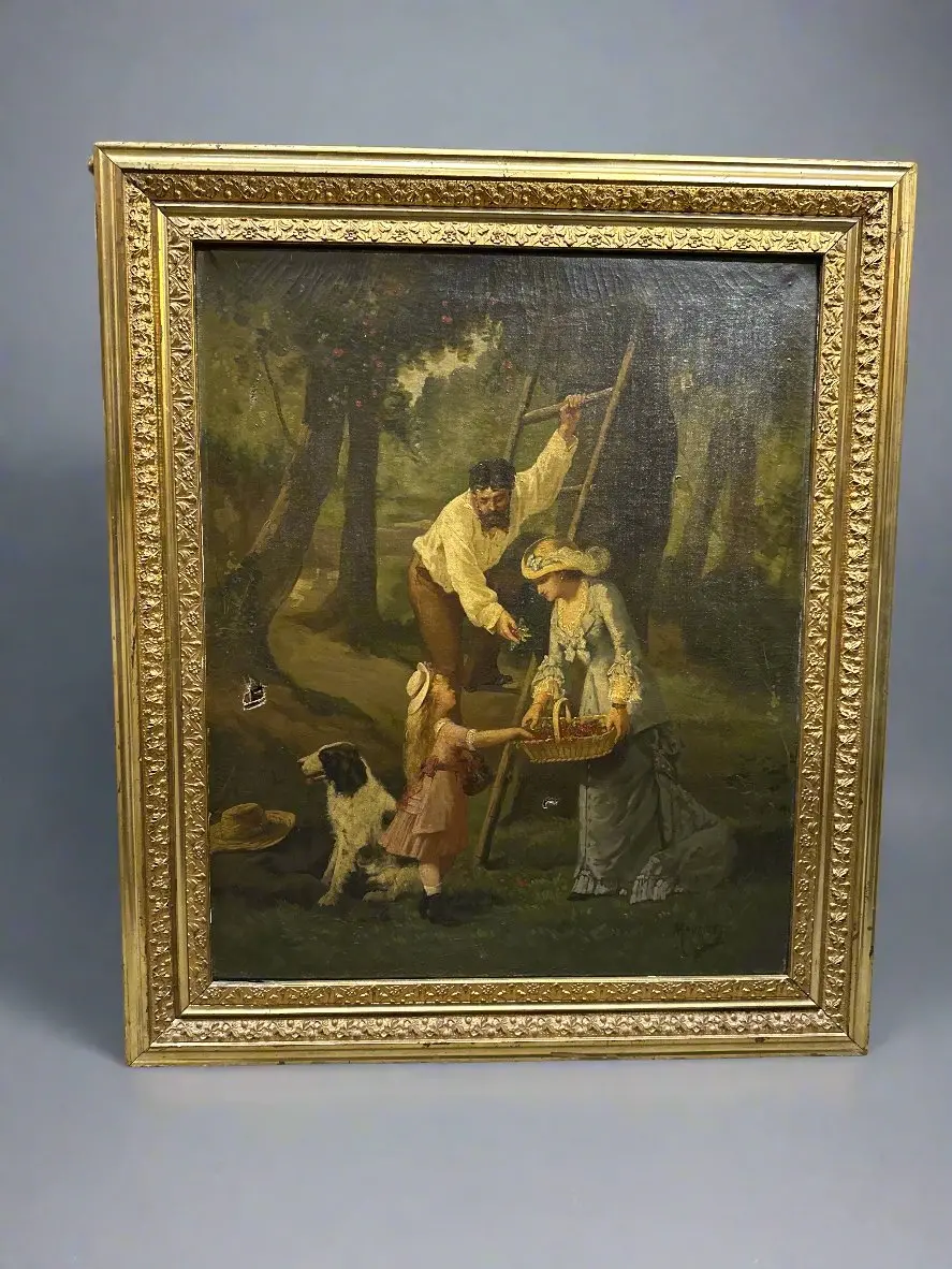 As Found 19Th Century Oil Painting Of Family With Dog 1