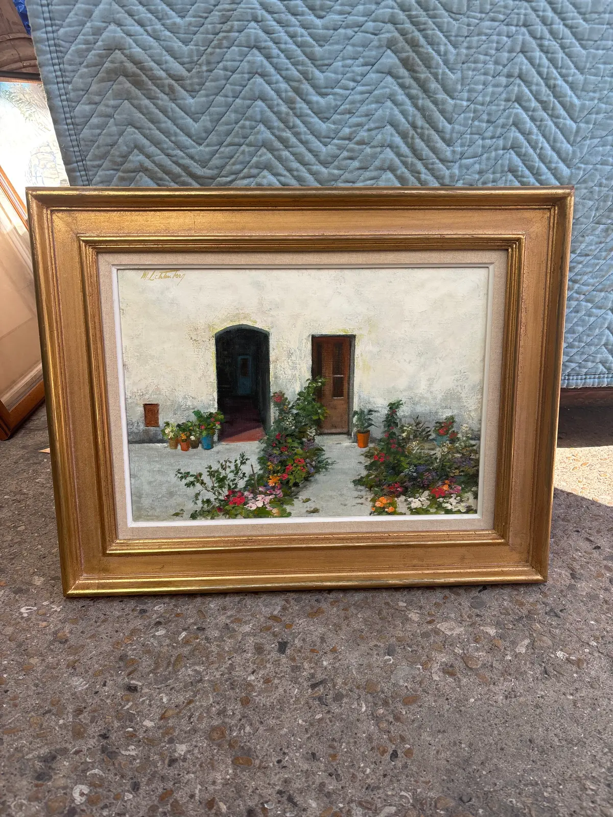 Gilt Framed "White Wall With Flowers" Oil Painting Signed By Manes Lichtenburg 1