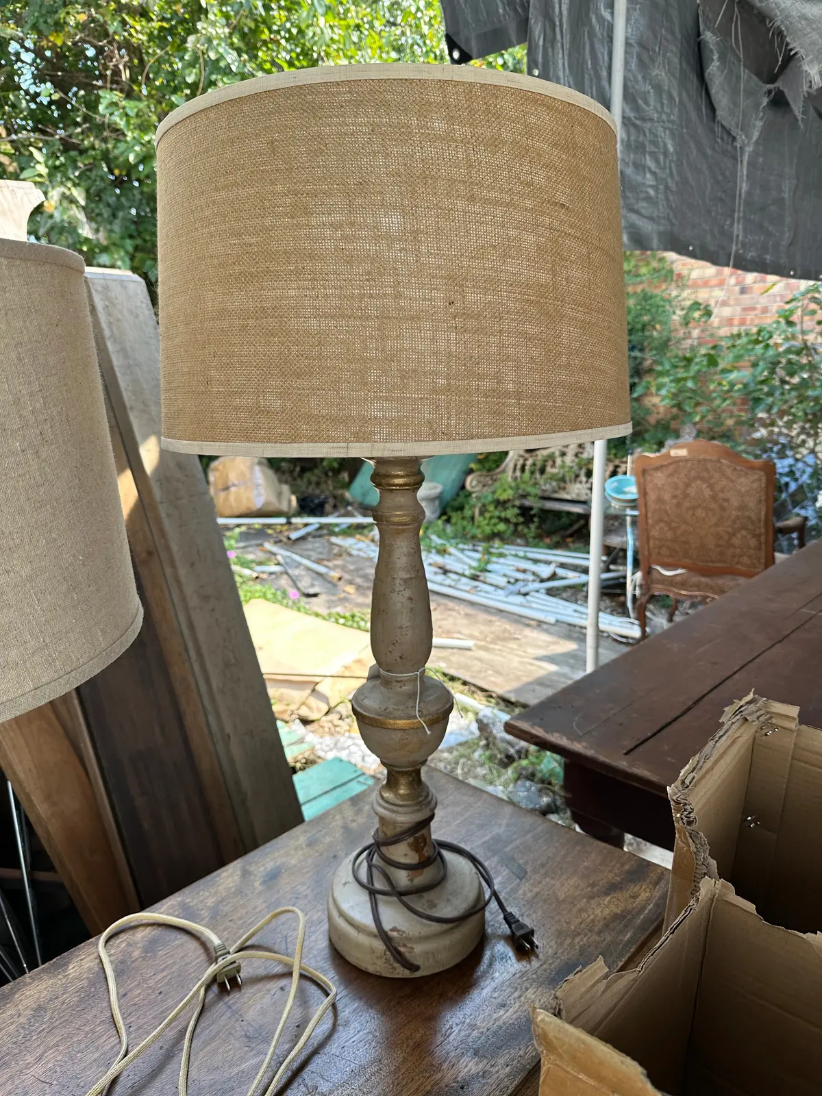 Not Old Wood Green Lamp With  Shade 1