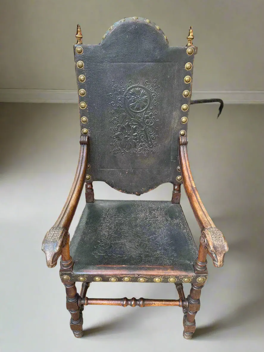 Walnut And Embossed Leather Arm Chair With Ram's Heads, And Brass Studs And Finialsr 1