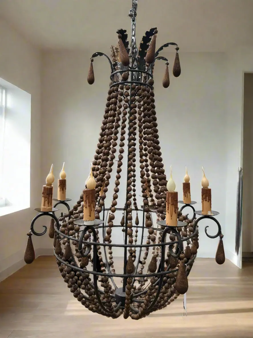 1970S 8 Light Wood Bead Chandelier 1