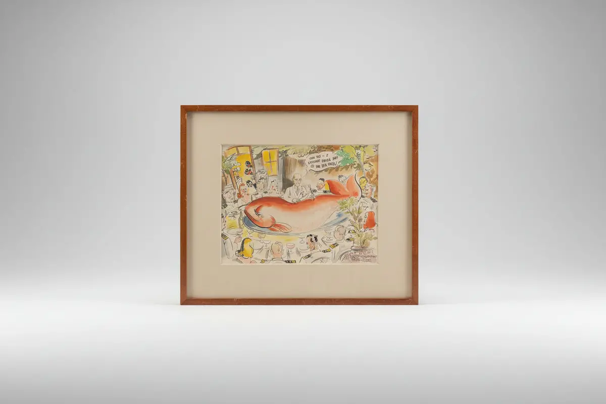 Watercolor Of Political 1944 Cartoon "You See I Couldn't Bring Any Of The Big Ones" By Viktor Schreckengost 1