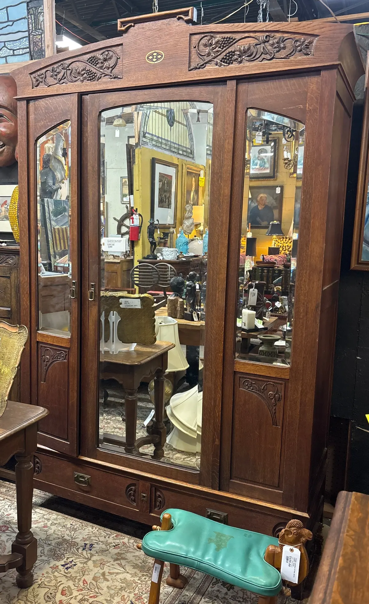 Art Nouveau Oak Two Door Armoire With Grape Vines 1