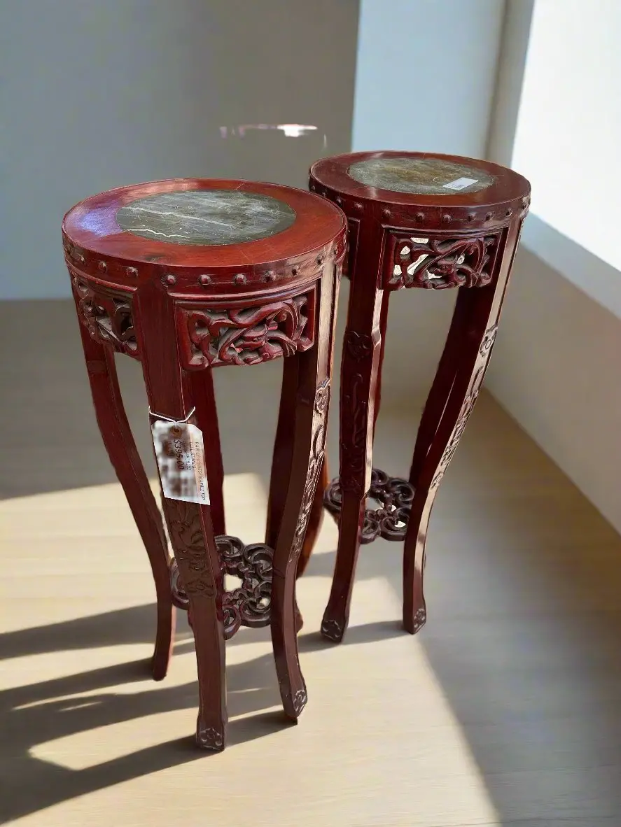 Pair Of Chinese Marble Top Tall Stands 1