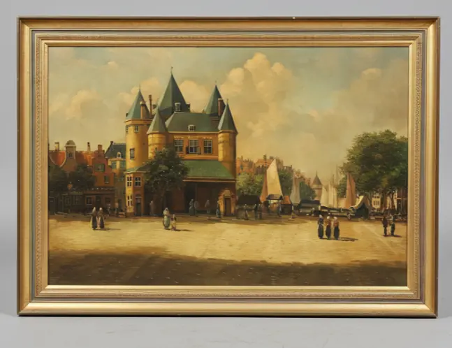 Dutch Village Square Oil Painting With Turreted Mansion 1