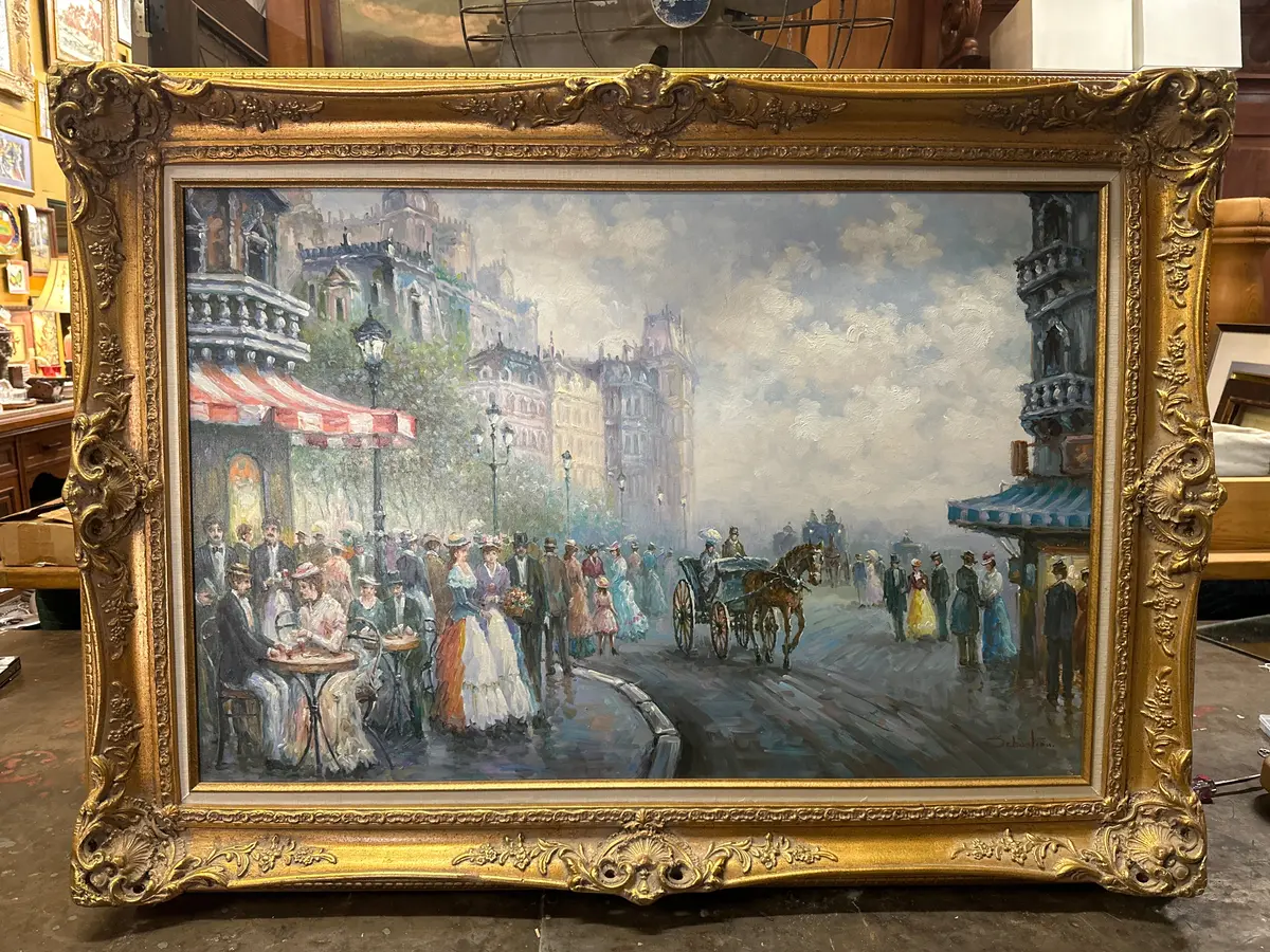 Large Gilt Framed Midcentury  Oil Painting Of A Parisian Street With Carriage 1
