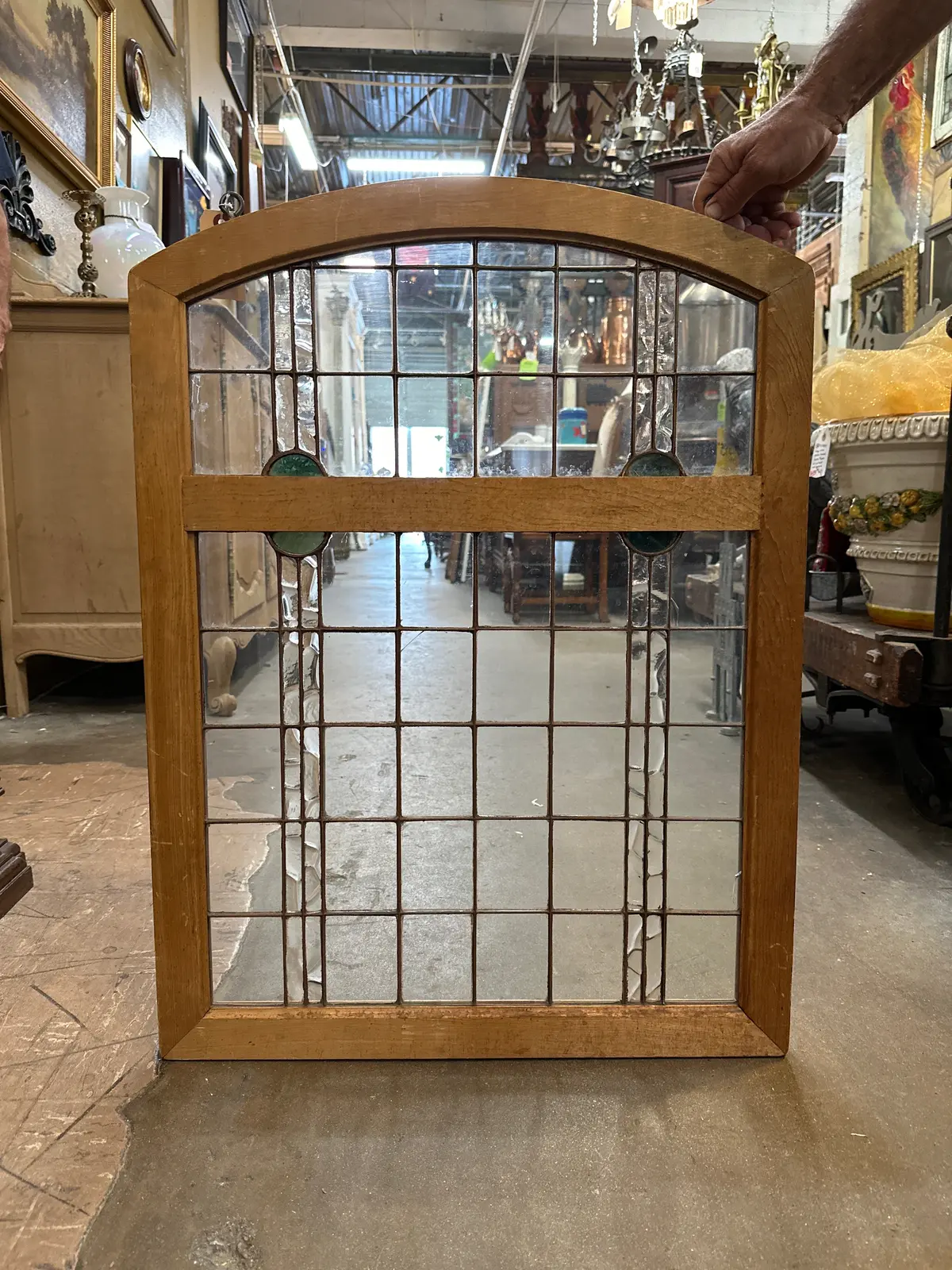 Framed Arched Copper Bound Stained Glass Window As Found 1