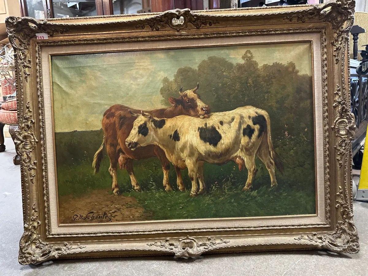 Large Cow Painting With Gilt Frame By Paul Schouten 1