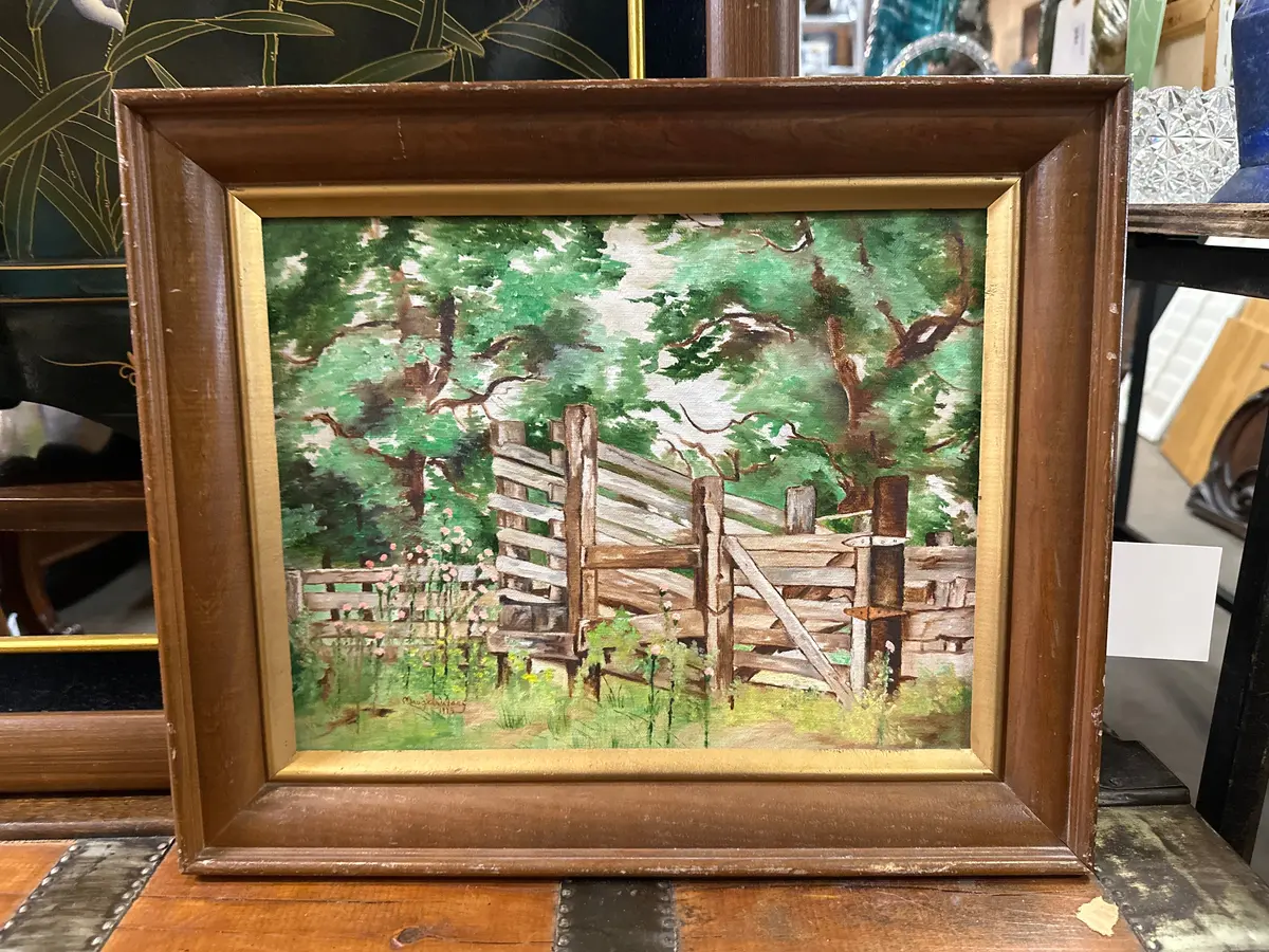 Framed Oil Painting Of A Corral In The Trees By Maude Waters 1